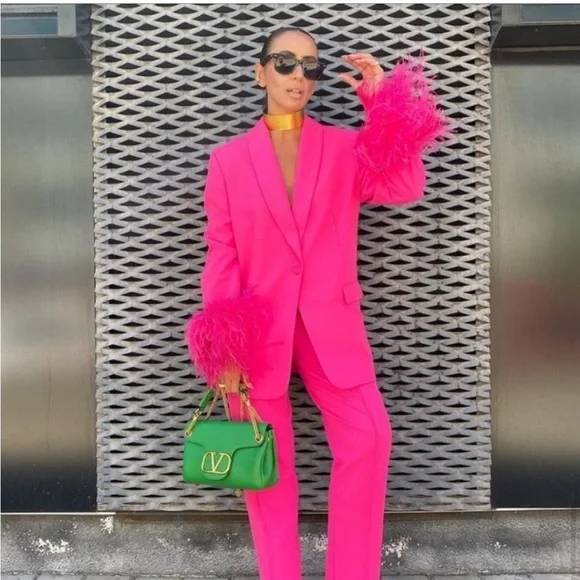 🔥HOT!! 🔥 2 PIECE ZARA NWT Feather Sleeve Blazer Pink & Matching Trousers